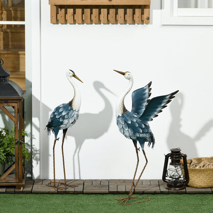Outsunny 2pcs Heron Garden Statues, Metal Yard Art Bird Sculptures, Blue