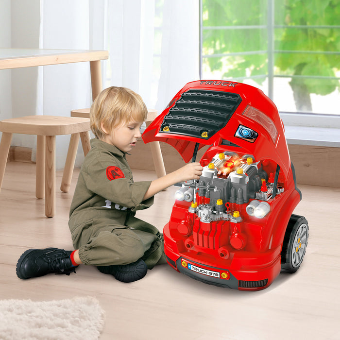 Qaba Kids Truck Engine Toy Set, Educational Car Service Station Kids Tool Set, Take Apart Workshop For 3-5 Years Old Red