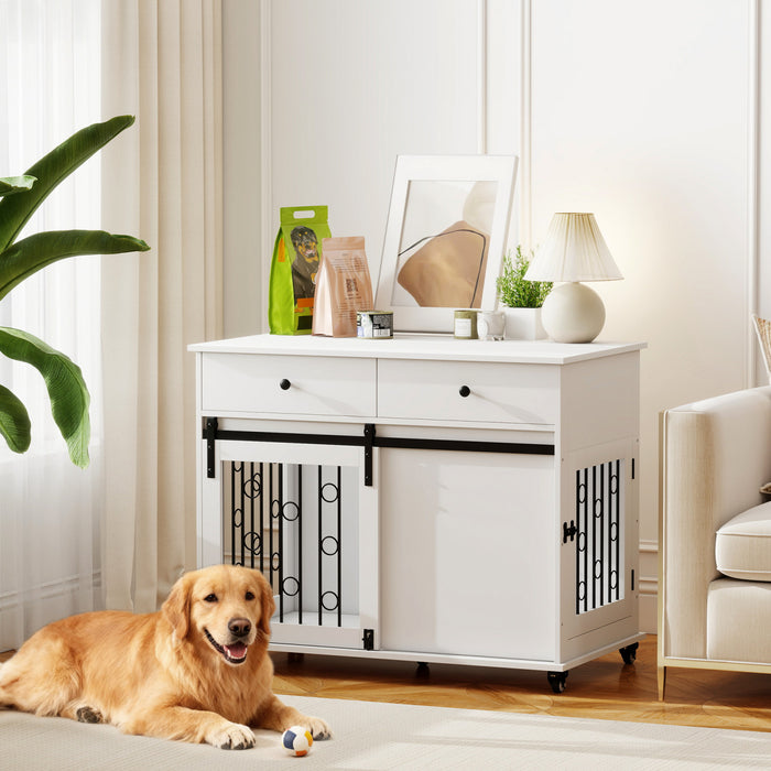 PawHut Dog Crate Furniture, 39\" Dog Kennel Indoor with 2 Storage Drawers, Wheels, Sliding Door, Decorative End Side Table Pet House Cage for Medium and Large Breeds, White