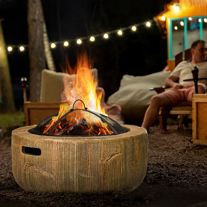 Outsunny Fire Pit with Spark Screen and Poker, 24\" Wood-burning Bowl, Brown