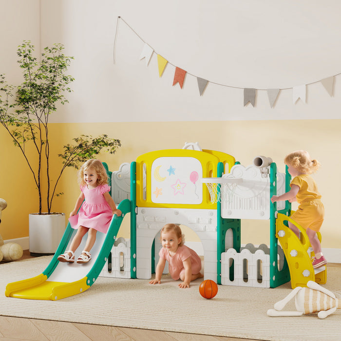 Qaba Toddler Slide, 7 in 1 Kids Slide with Climber, Basketball Hoop, Telescope, Drawing Board, Storage Box, Indoor Outdoor Playground, Gifts for Boys Girls Ages 1-3, Yellow