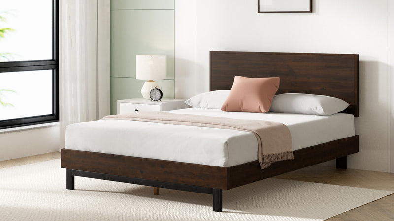 Tricia Wood Platform Bed with Headboard in Dark Brown - Queen Size