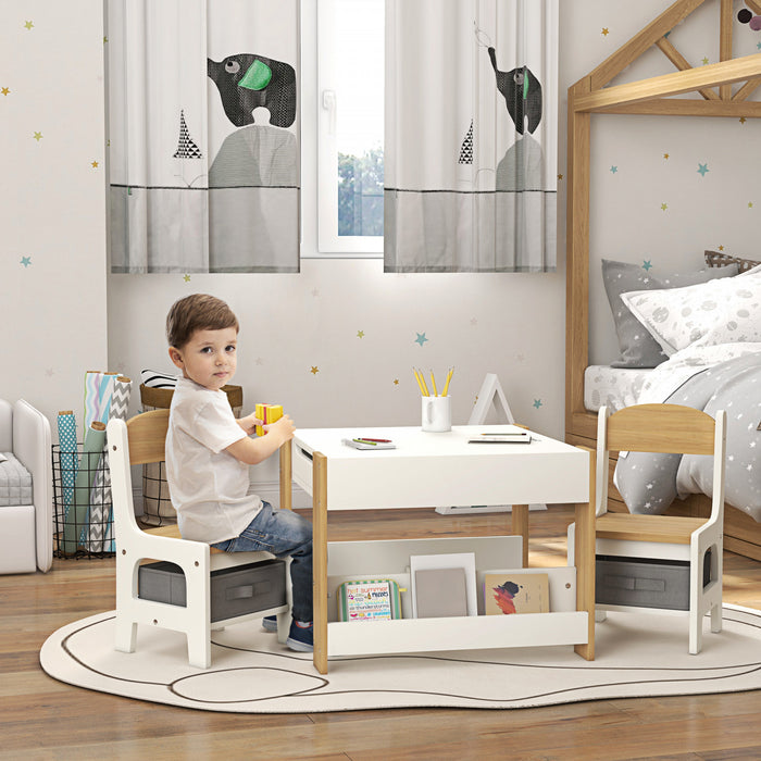 Qaba 3 Piece Kids Table And Chair Set, 2 In 1 Toddler Table And Chair Set With Reversible Tabletop, Blackboard, Storage, Bookshelves, For Playroom, Nursery, Classroom, Nature Wood
