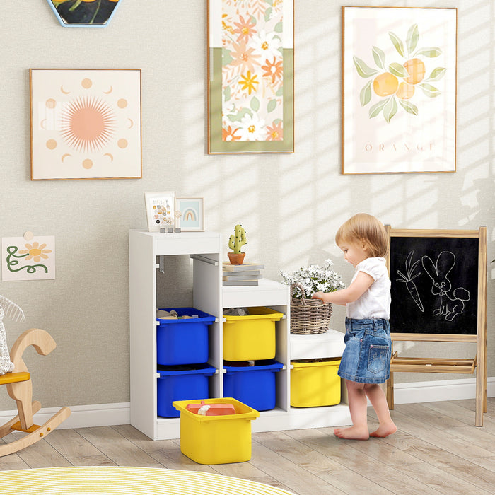 Qaba Toy Storage Organizer with 6 Plastic Bins, 3 Layers Children Toy Storage with Anti-tipping Design, for Ages 3–8 Years, Study Room, Playroom, Yellow & Blue