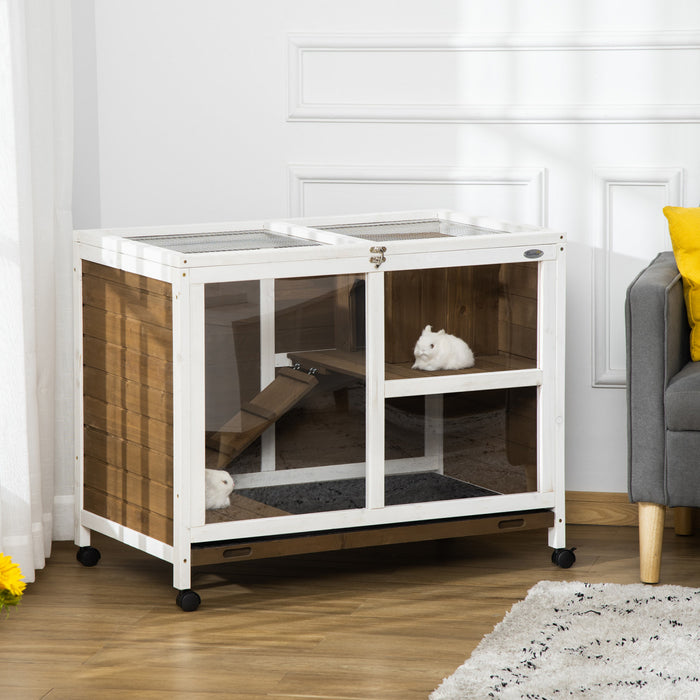 Pawhut Indoor Rabbit Hutch With Wheels, Bunny Cage Guinea Pig House Small Animals Habitat W/ Top Access, Ramp, Pull Out Tray, Brown