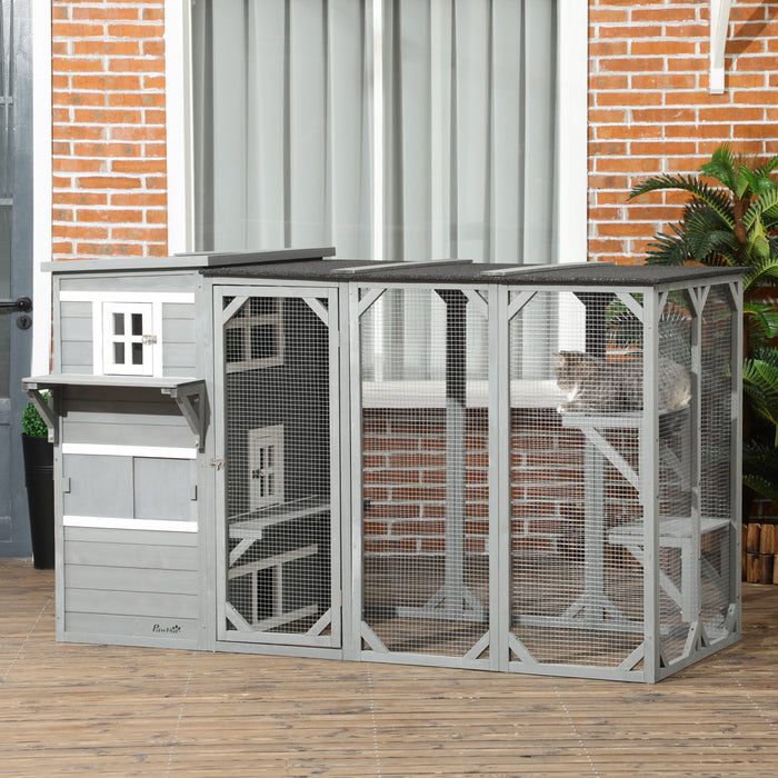 Pawhut Wooden Cat Catio, 76\"l Walk In Outdoor Cat House With Asphalt Roof, Platforms, Lockable Doors, 3-tier Resting Condo, Observation Window, For 2-3 Cats, Light Grey