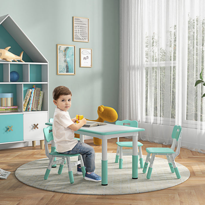 Qaba Kids Table And Chair Set With 4 Chairs, Adjustable Height, Easy To Clean Table Surface, For 1.5 - 5 Years Old, Green