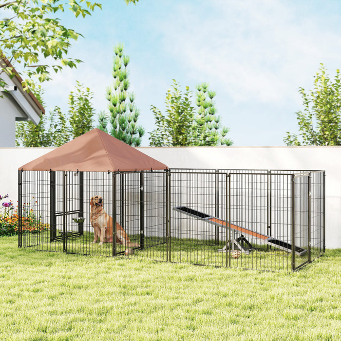 Pawhut Outdoor Dog Kennel, Dog Run Outdoor With Rotating And Adjustable Height Bowls, Waterproof Uv-resistant Cover, Secure Lock, 11.3' X 4.7' X 5.1'