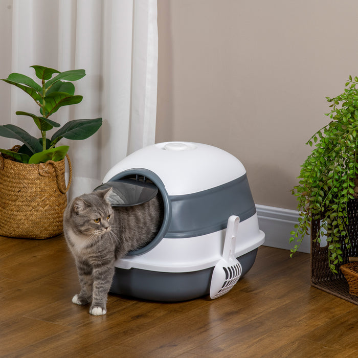 Pawhut Foldable Cat Litter Box With Lid, Covered Litter Box W/ High Sides, Air Freshener, Large Front Entry Cat Box, Easy Clean, White And Gary