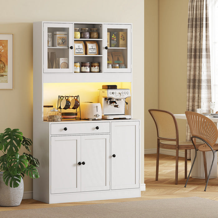 HOMCOM Kitchen Pantry Cabinet with LED Light, Storage Hutch, White
