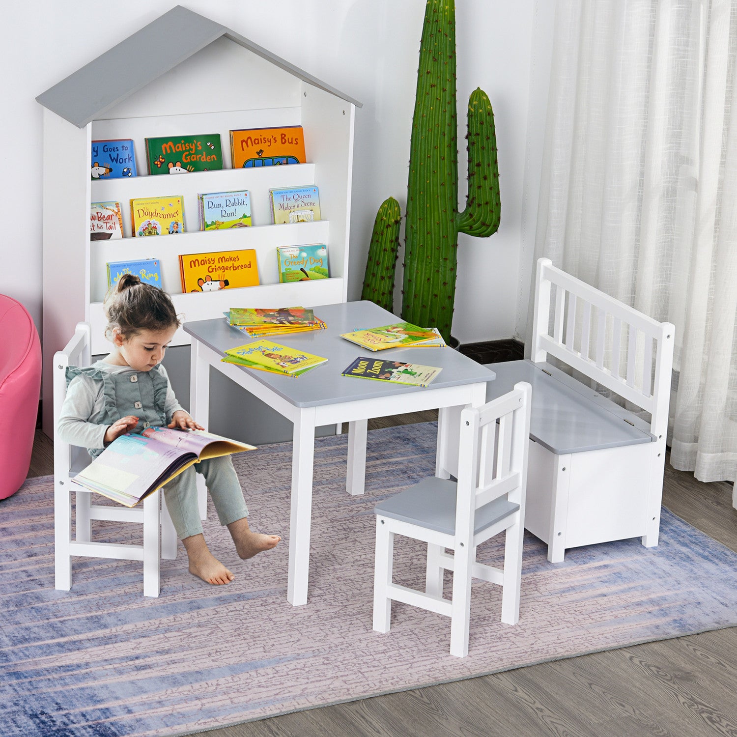 Childrens wooden table and chairs with storage shop