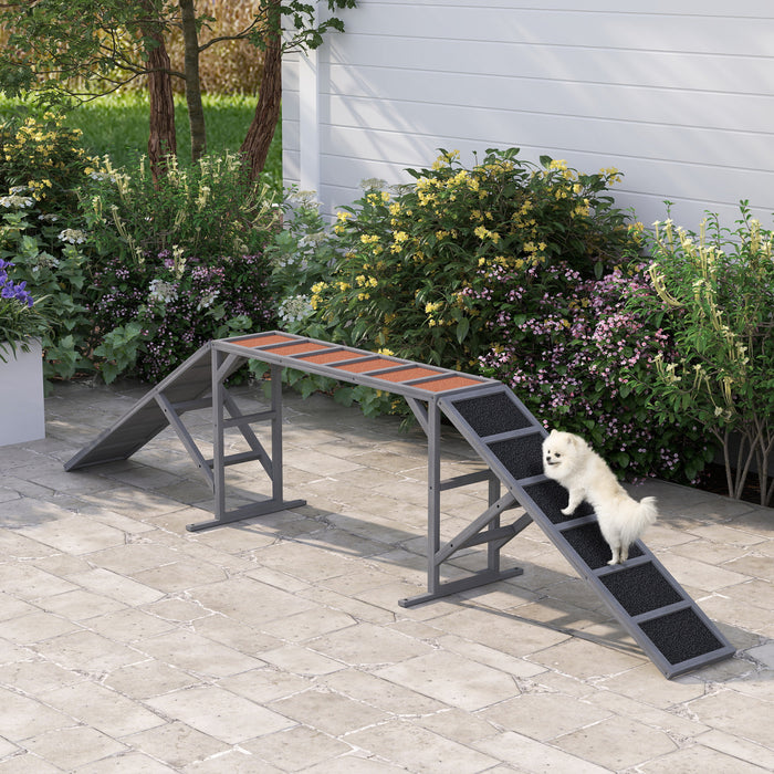 PawHut Wooden Dog Agility Equipment, Dog Climbing Frame with Safety Bar, Non-slip Surface, Pet Obstacle Course for Park, Backyard, Walk and Pause Training, Grey