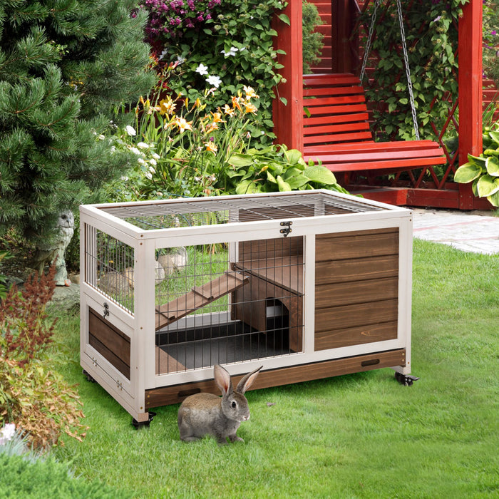 Pawhut Wooden Indoor Rabbit Hutch Elevated Bunny Cage Habitat With Enclosed Run With Wheels, Suitable For Rabbits And Guinea Pigs, Brown