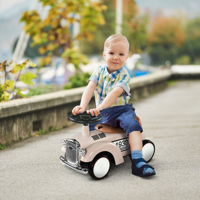 Aosom Kids Ride On Sliding Car With Under Seat Storage, Foot To Floor Slider With Steering Wheel And Horn, Ride On Vintage Car For Toddlers, Aged 18-36 Months, Cream White