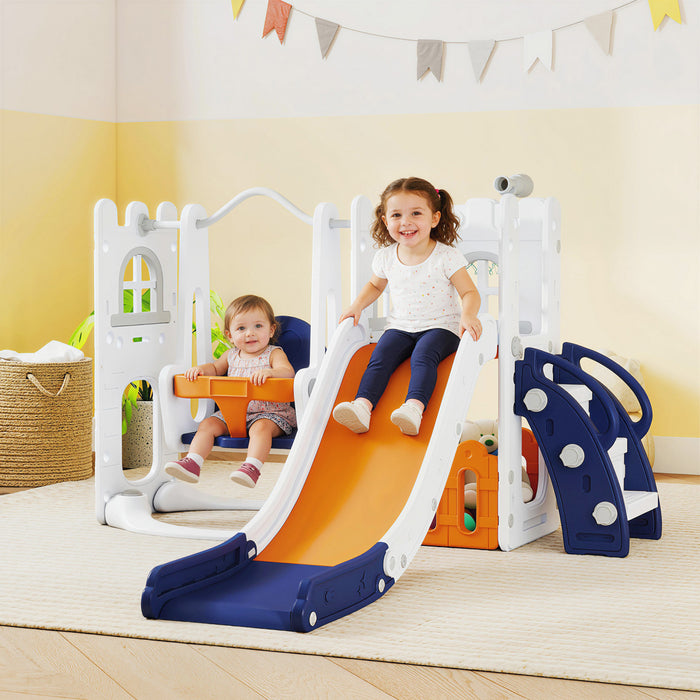 Qaba 6-in-1 Kids Slide and Swing Set with Telescope, Basketball Hoop, Climber, Baby Toddler Swing Set Indoor Playground with Storage Space, for Aged 1-3 Years Old, Orange