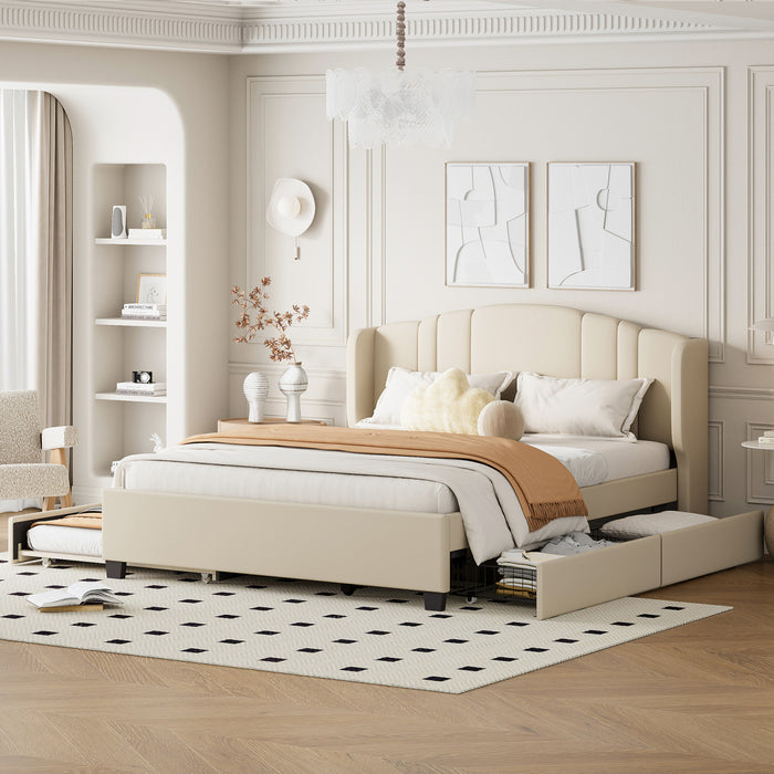 Jean Upholstered Platform Bed with Wingback Headboard and Storage Drawers,Queen Size,Beige Queen Bed