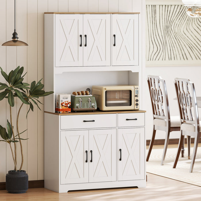HOMCOM Kitchen Pantry, 6 Doors, 2 Drawers, Rustic Kitchen Cabinet White