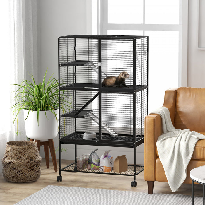 PawHut Guinea Pig Ferret Chinchilla Cage with Wheels, Pet Playpen for Rat, Kitten with Bottom Storage Shelf, Removable Tray, Ramp, 31\" x 18\" x 54\", Black