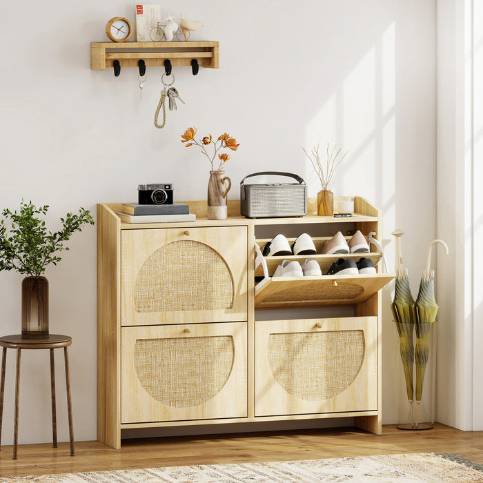 HOMCOM Shoe Cabinet, Shoe Storage Cabinet with 4 Flip Drawers, Natural