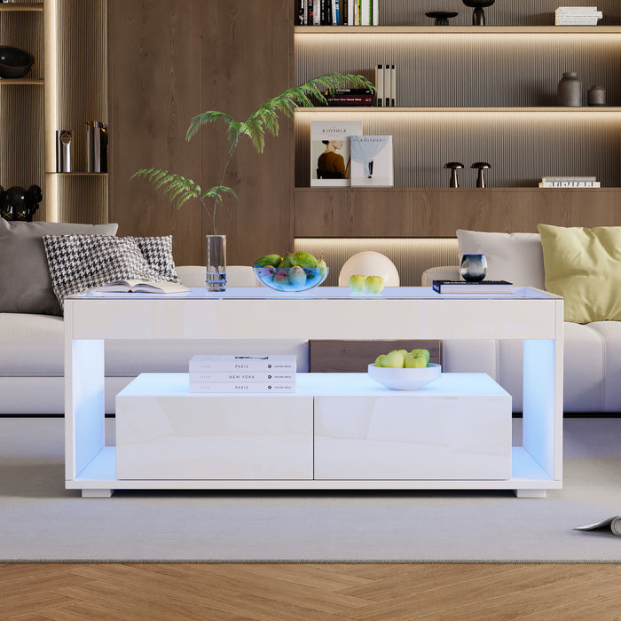 Emily Coffee Table with LED Lights and Open Storage,White