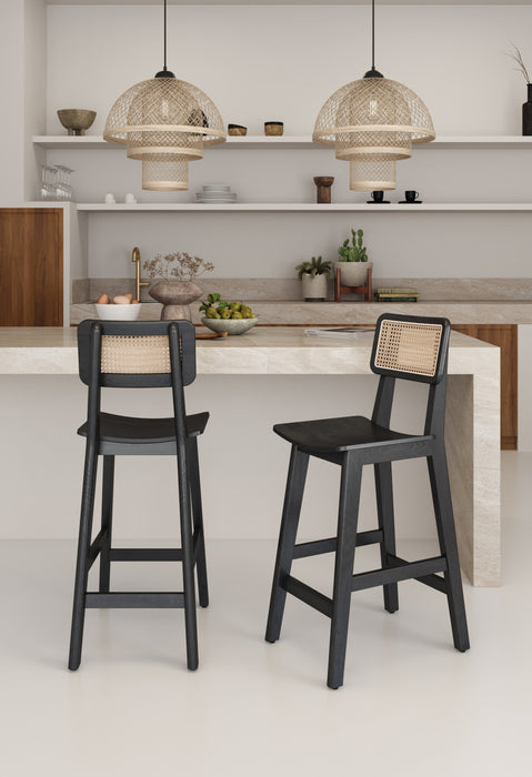Versailles Industry Chic Cane Back Wood Counter Stool in Black and Natural - Set of 3