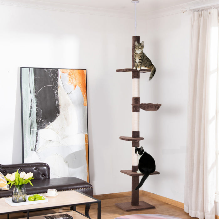 Pawhut 8.5ft Cat Climbing Tree 5-tier Kitty Activity Center Floor-to-ceiling Cat Climber Toy With Scratching Post Play Rest Post Pet Furniture Brown