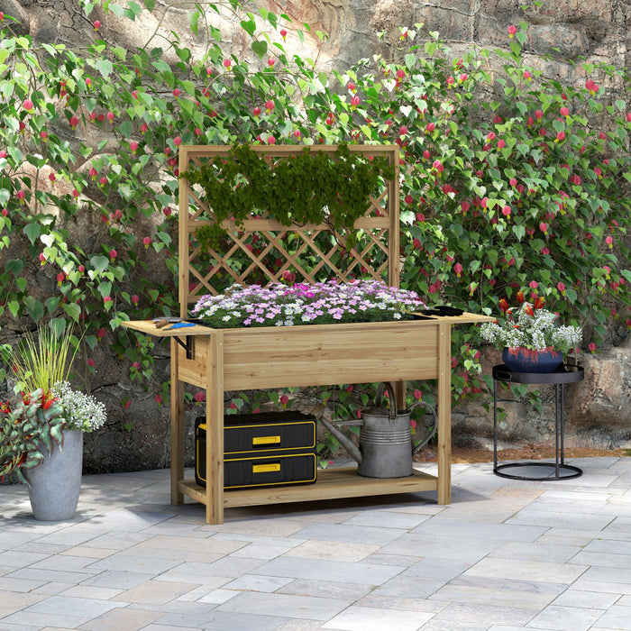 Outsunny Raised Garden Bed With Trellis And Foldable Side Shelves Natural