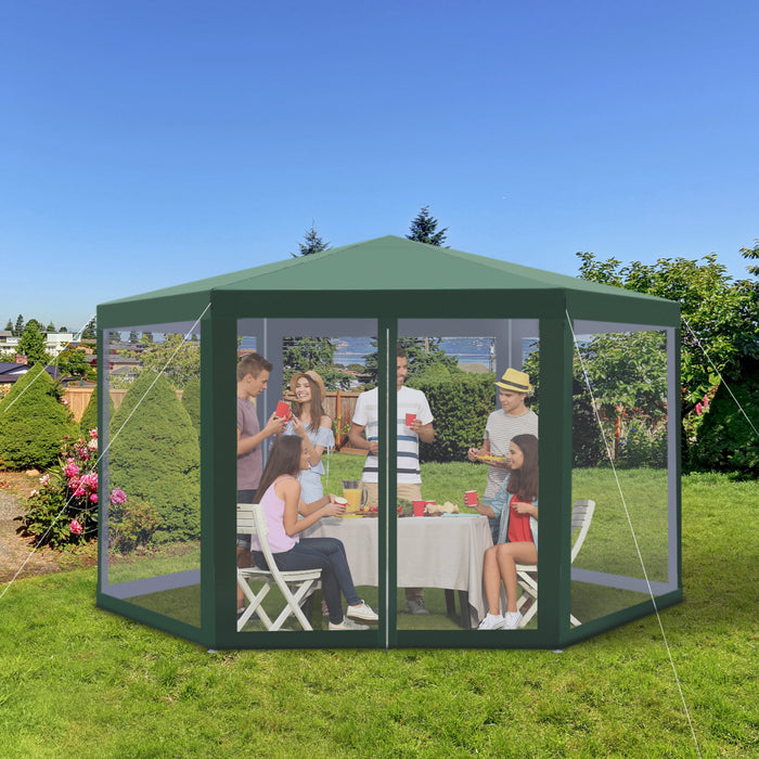 Outsunny Φ13' Hexagon Party Tent Patio Gazebo Outdoor Activity Event Canopy Quick Sun Shelter Pavilion With Netting Mesh Sidewall Green