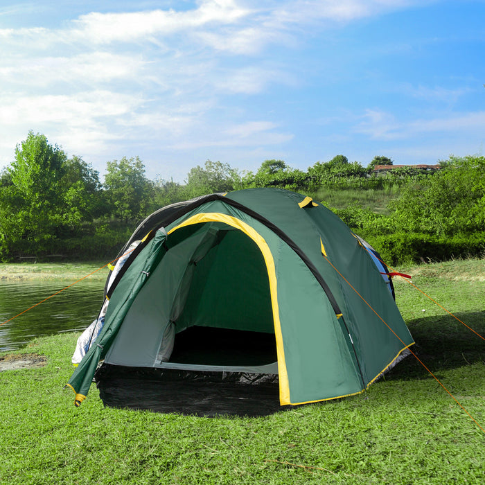 Outsunny 2-3 Person Camping Tent With Weatherproof Vestibule, 2 Rooms, Backpacking Tent With 2 Mesh Windows, Lightweight For Fishing & Hiking, Green