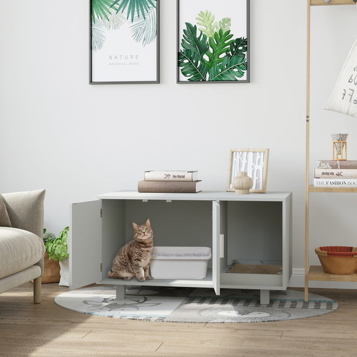 Pawhut Wooden Cat Washroom Pet Litter Box Enclosure Kitten House Nightstand End Table With Scratcher Magnetic Doors Grey