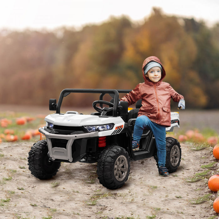 Aosom 2-seater Ride On Car, 12v 7ah Kids Utv, Ride On Dump Truck With Electric Dump Bed And Shovel, Remote Control, 4 Spring Suspension, Music, Lights, For Boys Girls, White