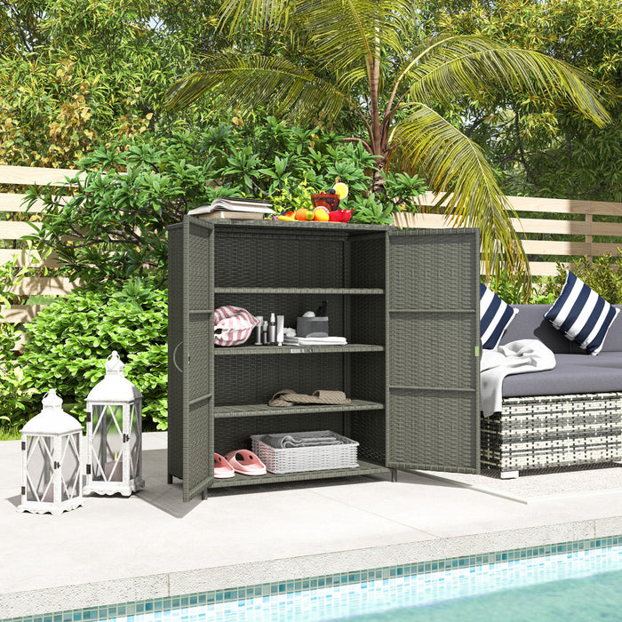 Outsunny Wicker Outdoor Storage Cabinet, 4-shelf Pool Storage, Dark Grey