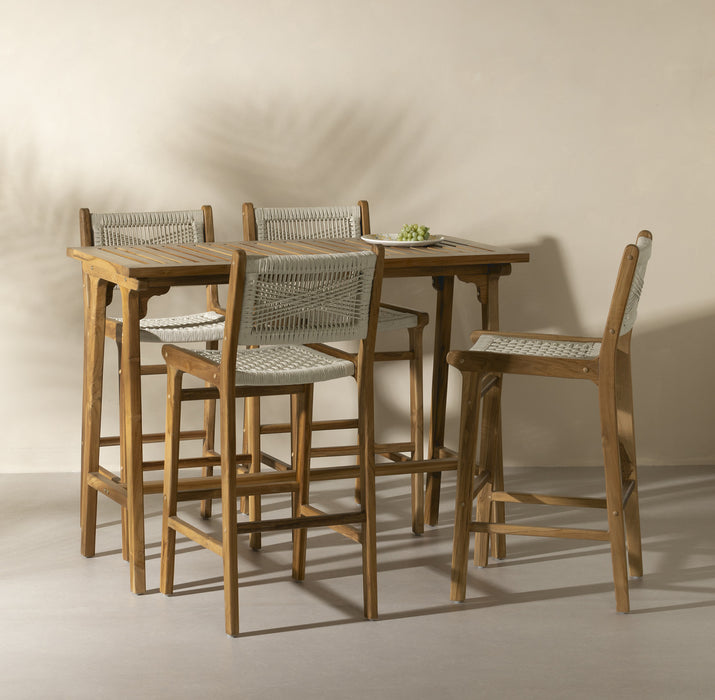 Agave Teak Bar Dining Table And Set Of 4 Woven Rope Bar Stools - Cream And Natural 