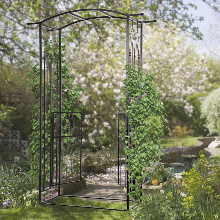 Outsunny 7' Metal Garden Arch W/ Gate, Decorative Arbor For Climbing Plant