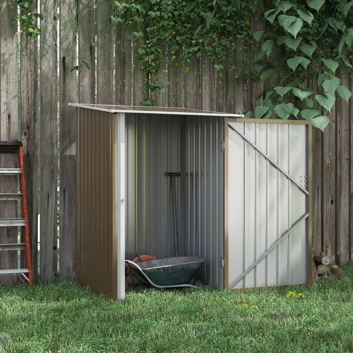 Outsunny 3.3' X 3.4' Lean-to Garden Storage Shed, Outdoor Galvanized Steel Tool House With Lockable Door For Patio, Backyard Lawn, Brown