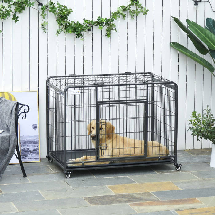 Pawhut Folding Heavy Duty Dog Crate Heavy Duty Cage For Large Sized Dogs With Double Doors, Lockable Wheels Tray, 43\" X 28\" X 31\"