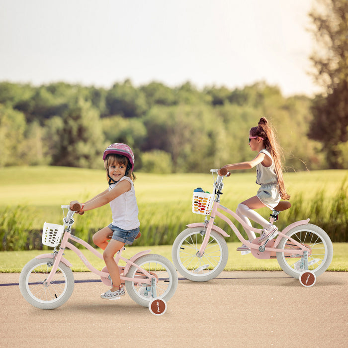 Costway 14\" Kid's Bike With Removable Training Wheels & Basket For 3-5 Years Old Pink