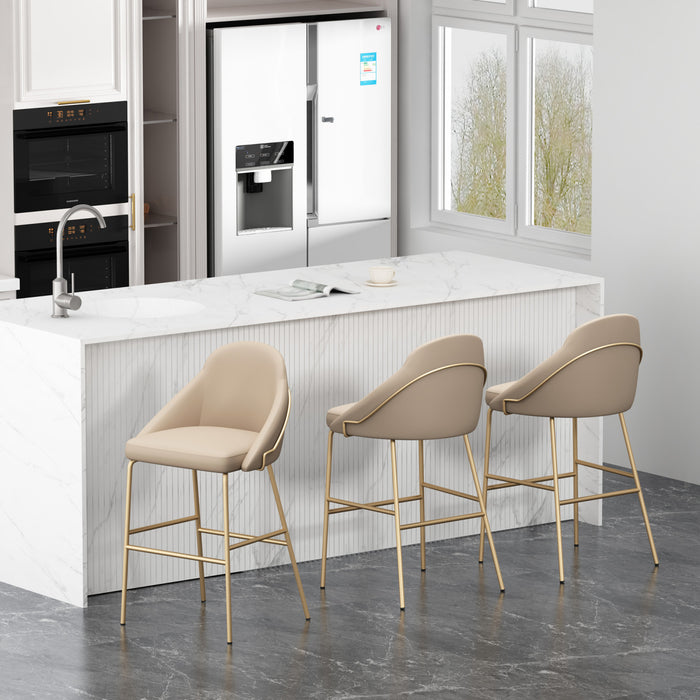 Gracie Modern Metal Upholstered Barstool in Tan and Gold - Set of 3