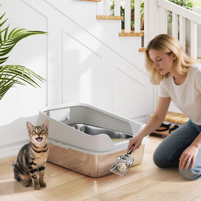 PawHut Cat Litter Box Stainless Steel, High Sided with Metal Litter Scoop, Never Absorbs Odors, Anti Leakage & Easy to Clean, 24\" x 16\" x 12\", Grey