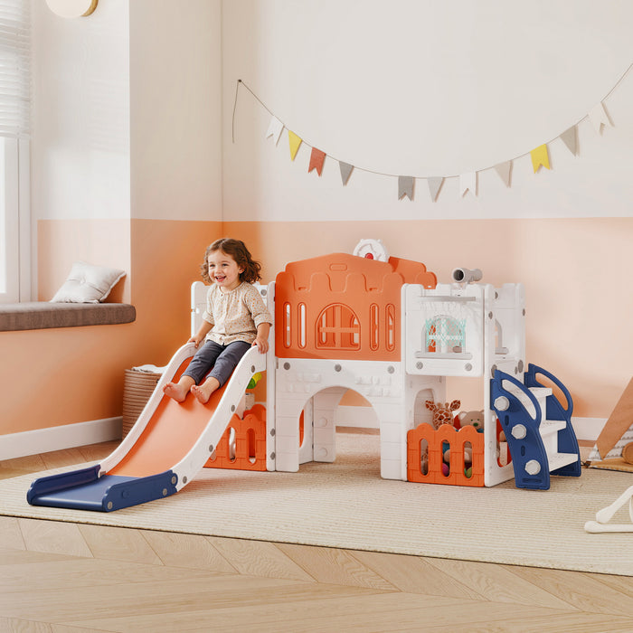 Qaba Toddler Slide, 9 in 1 Slide for Kids with Basketball Hoop, Climber, Telescope, Tunnel, Steering Wheel, Aisle, Storage Baskets, Indoor Slide Playset for 1-3 Years, Orange
