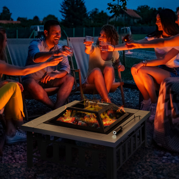 Outsunny 34\" Outdoor Square Firepit Steel Stove Portable With Spark Screen Cover Log Grate Poker And Rain Cover For Outside Wood Burning And Camping Black