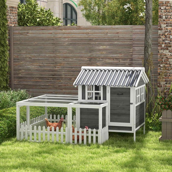 Pawhut Wooden Chicken Coop, Outdoor Rabbit Hutch With Run, Tray, Nesting Box, Removable Tray, Fence For 3-4 Chicken, Bunnies, Ducks, Charcoal Grey