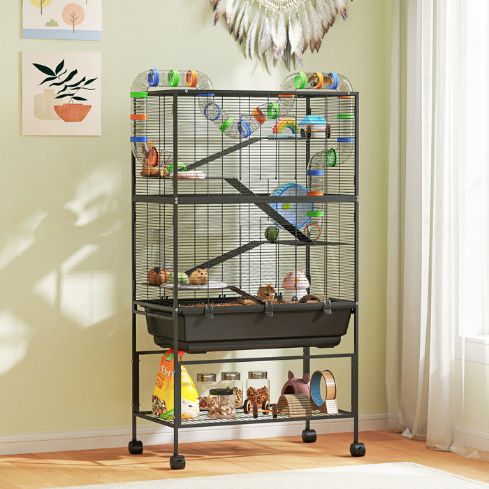 Pawhut Large Hamster Cage With 7\" Deep Tray, 5 Tier Rolling Gerbil Cage With Storage Shelf, Big Exercise Wheel, Tube System, Hut, Platforms, Ramps, For Syrian, Gerbil, Rat
