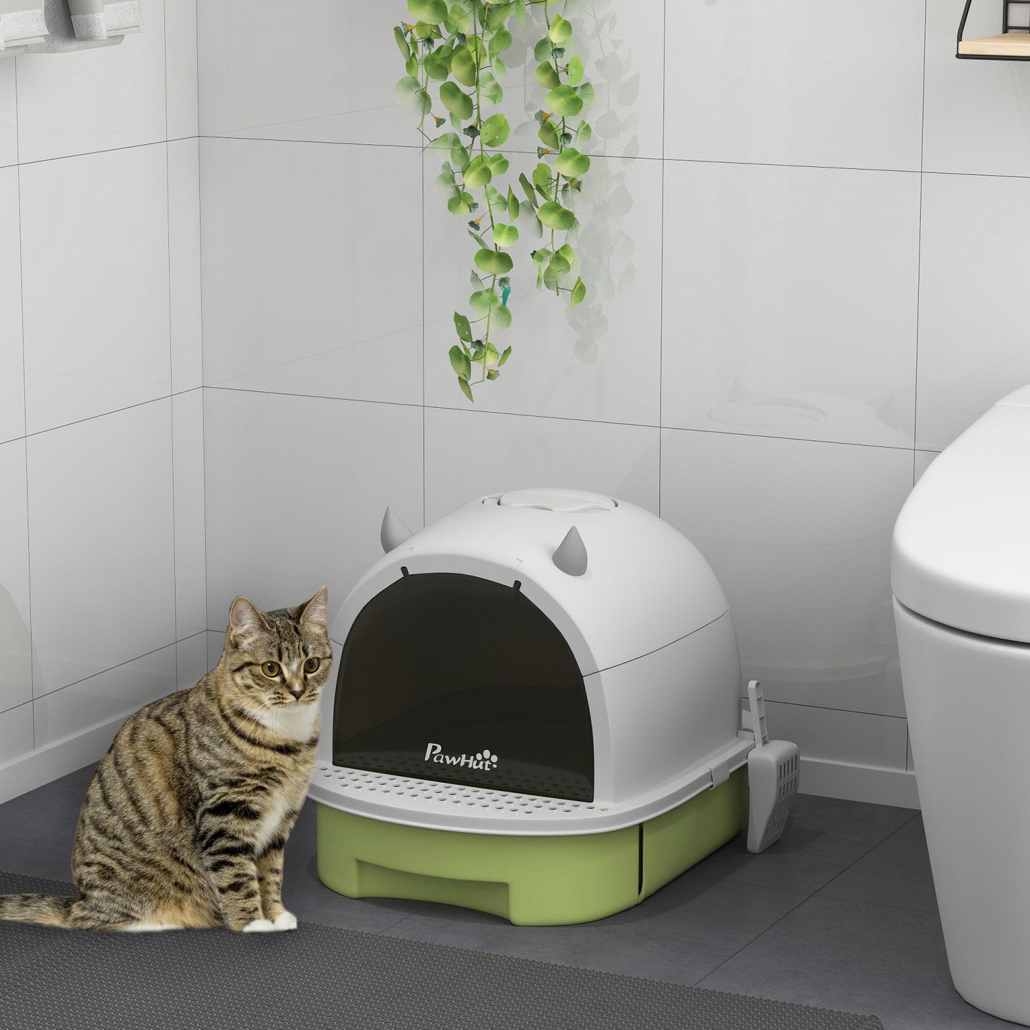 Litter box concealed inside a decorative storage bench