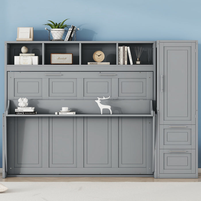 Dennis Engineered Wood Full Murphy Bed With Shelves And Drawers, Grey