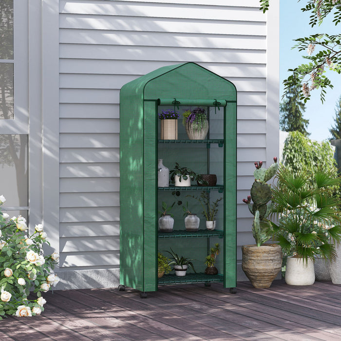 Outsunny 27\" X 20\" X 65\" Portable Greenhouse With 4 Tier Shelves And Wheels, Outdoor Hot House Plant Flower Greenhouse, Steel Frame, Pe Cover, Green