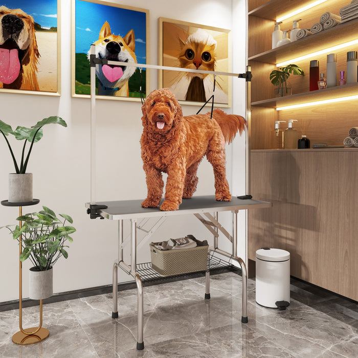 Pawhut Adjustable Dog Grooming Table Rubber Top 2 Safety Slings Mesh Storage Basket Heavy Metal Grey 42.25\"x 23.5\" X 67\"