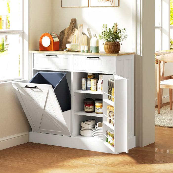 HOMCOM Tilt Out Trash Cabinet, Kitchen Island with 2 Drawers, White