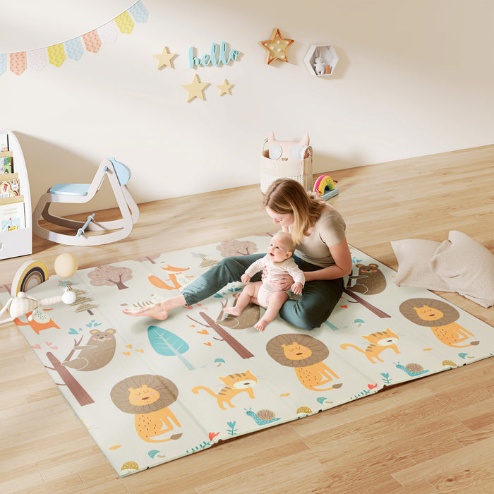 Qaba Baby Play Mat 77\" X 69\", Extra Large Double Sided Foldable Crawling Mat For Babies And Toddlers, Reversible & Waterproof Foam Floor Pad For Infants, Animal Theme