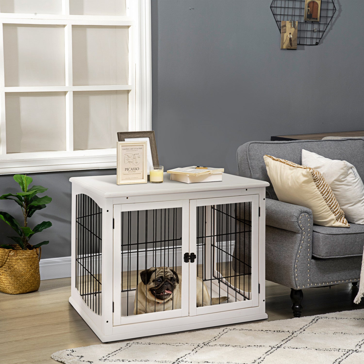 Pawhut 26'' Wooden Decorative Dog Cage Pet Crate Kennel With